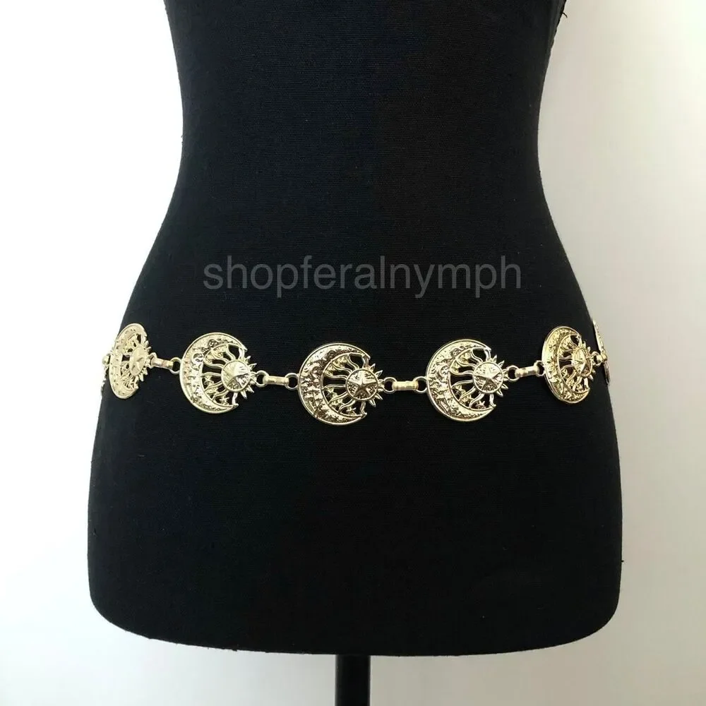 Vintage Y2K Celestial Gold Sun and Moon Chain Belt, Up to 40 Inches, X7GA1147
